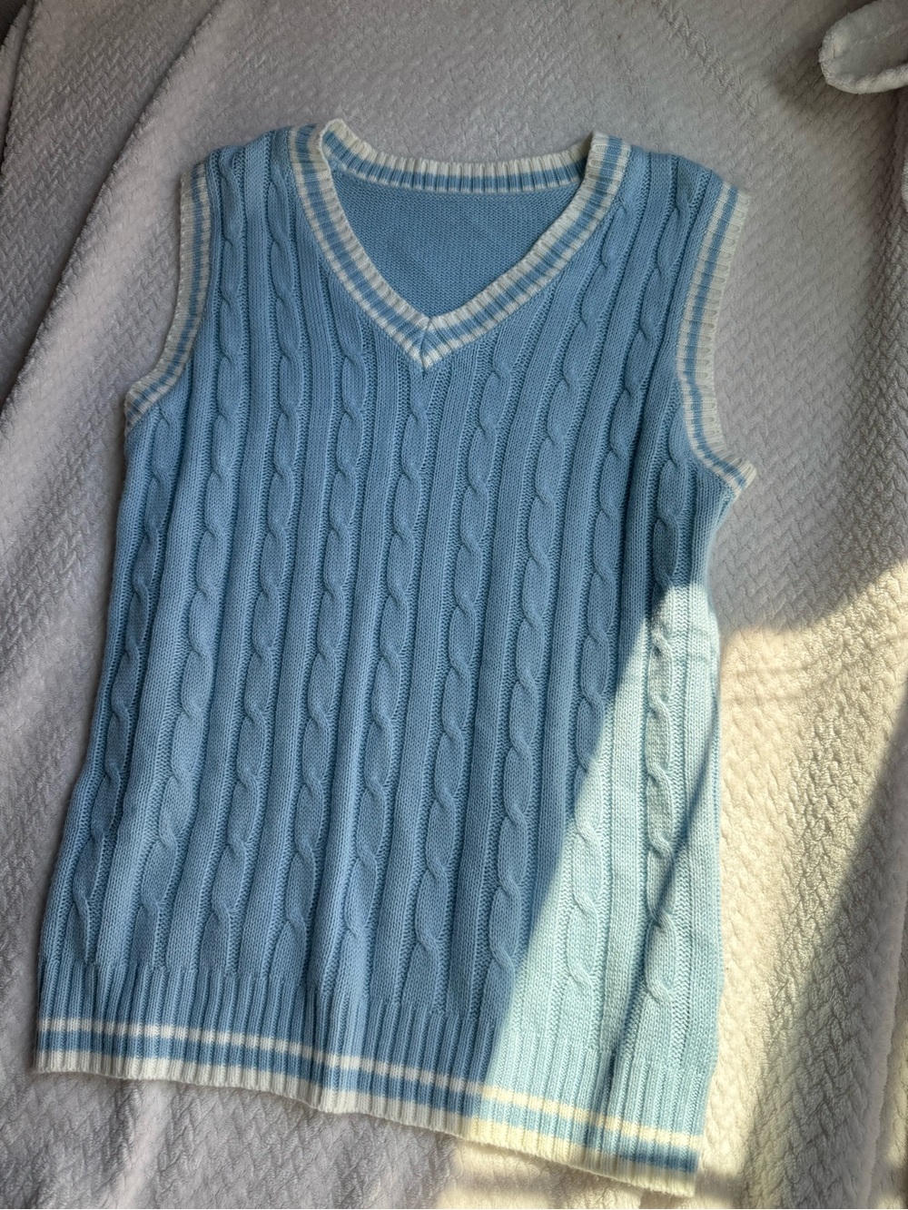 SHEIN Light Blue V-Neck Cable Knit Sweater Vest with White Stripes